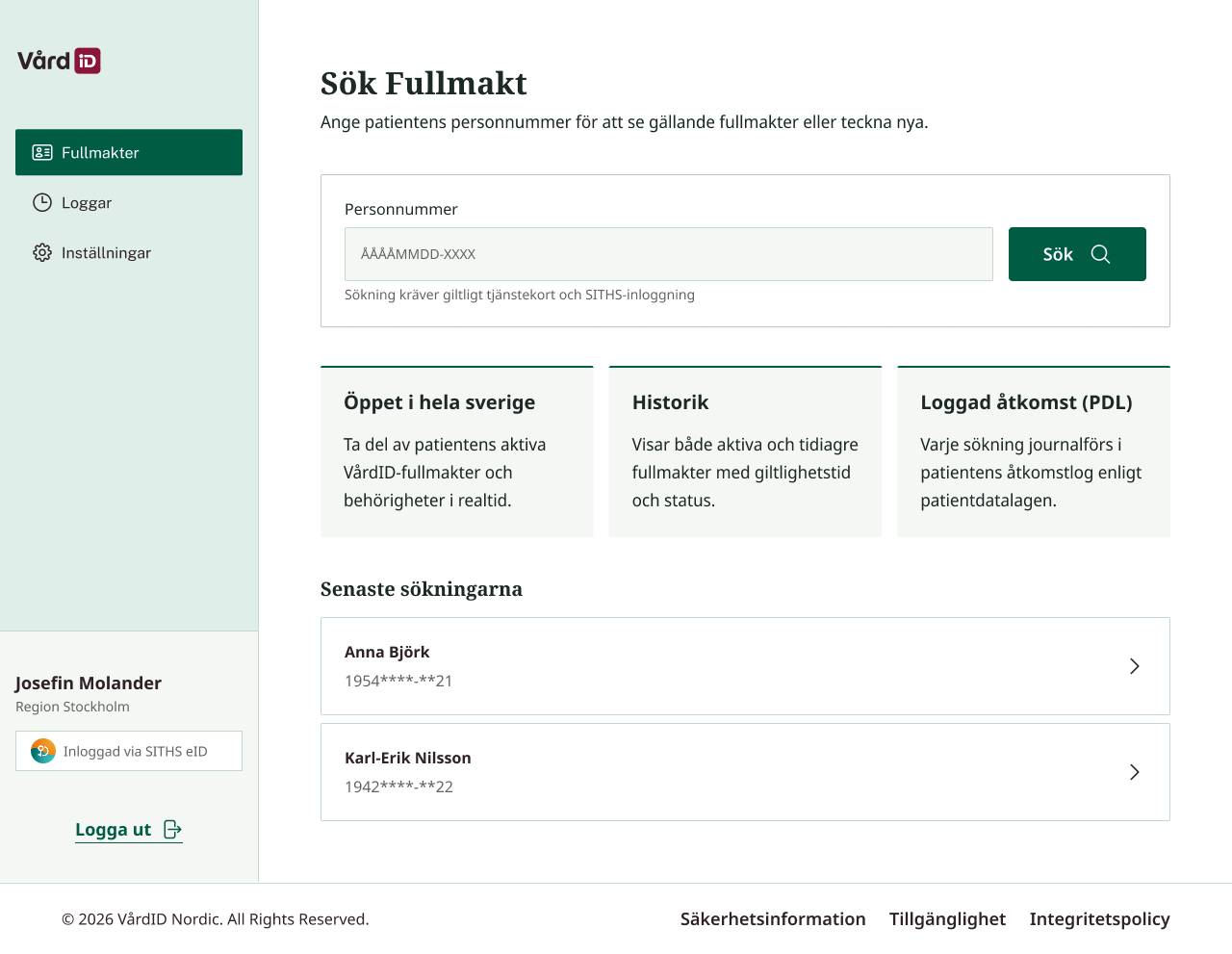 Vårdportalen i webbläsaren: sidan Sök fullmakt där personalen anger patientens personnummer, inloggad med SITHS eID